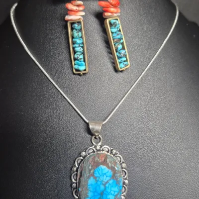 Natural Turquoise and silver pendant w/ snake chain ~ 925 & Earrings match