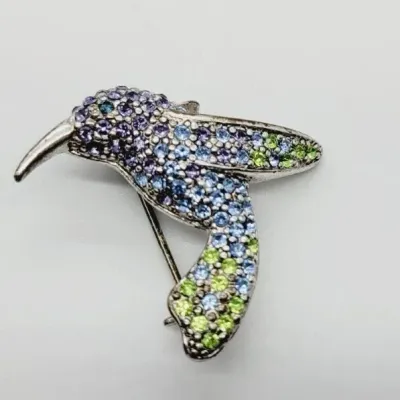 Vintage Monet Hummingbird Brooch Colorful Rhinestone Pin Silver Toned