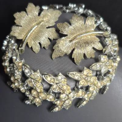 Vintage Coro Leaf Shiny Iridescent Rhinestone Silver Bracelet 7” & Emmons Earrings