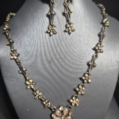 Vintage Rhinestone Pearl Teardrop Necklace & Earrings