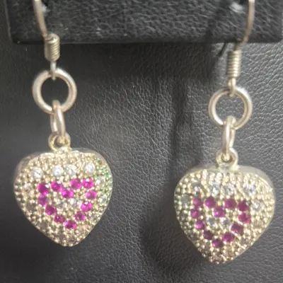 Vintage Beaded "Ring" Necklace w/ square glass stones & Heart Earrings