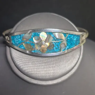 Vintage Taxco Mexico Abalone Inlay Shell Adorable Bracelet
