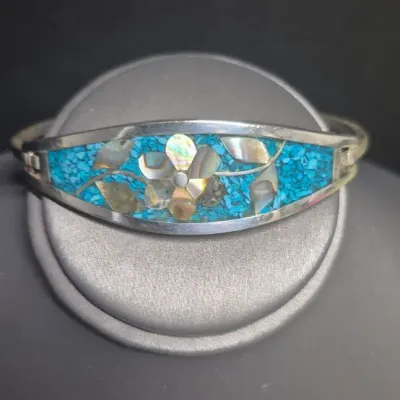 Vintage Taxco Mexico Abalone Inlay Shell Adorable Bracelet