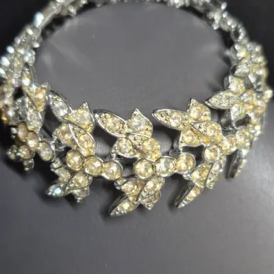 Vintage Coro Leaf Shiny Iridescent Rhinestone Silver Bracelet 7” & Emmons Earrings