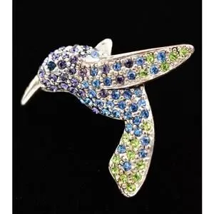 Vintage Monet Hummingbird Brooch Colorful Rhinestone Pin Silver Toned