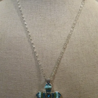 Sale Photo Thumbnail #7: Blue crystals Turquoise seed beads silver tone 18" long Cross
 Necklace in Excellent like NEW Condition. Cross measures 1 1/2" tall.