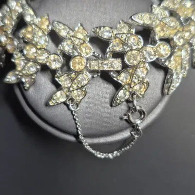 Vintage Coro Leaf Shiny Iridescent Rhinestone Silver Bracelet 7” & Emmons Earrings