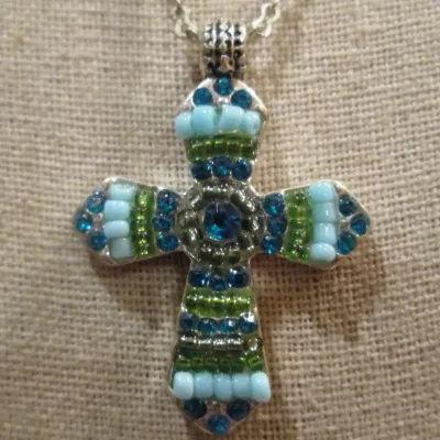 Sale Photo Thumbnail #8: Blue crystals Turquoise seed beads silver tone 18" long Cross
 Necklace in Excellent like NEW Condition. Cross measures 1 1/2" tall.