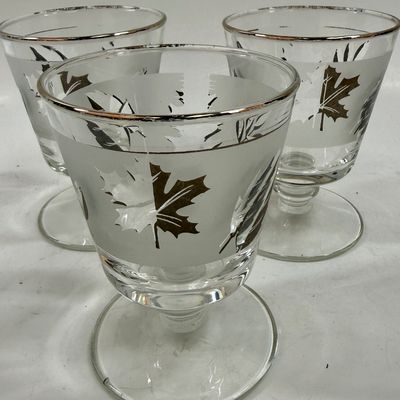 Lot of 3 Glasses MCM Vintage Siver Leaf Frosted Goblets