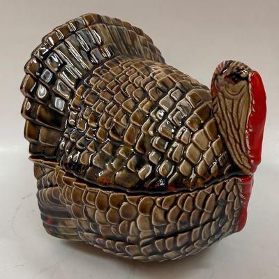 Vintage Glazed Ceramic Turkey added Candy dish shaped as Turkey and handpainted