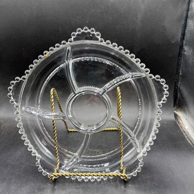 Rare Vintage Glass Imperial Candlewick 5-part Divided Dish with bubble glass edge with Handles