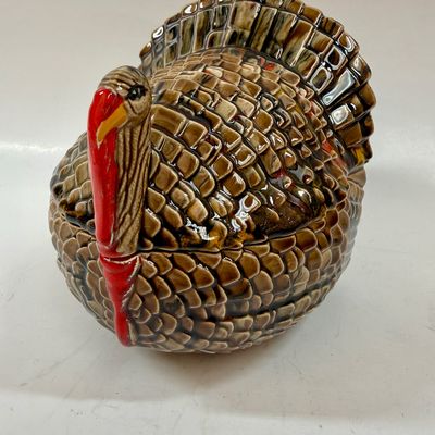 Vintage Glazed Ceramic Turkey added Candy dish shaped as Turkey and handpainted