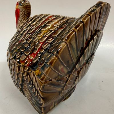Vintage Glazed Ceramic Turkey added Candy dish shaped as Turkey and handpainted