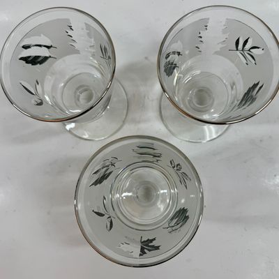 Lot of 3 Glasses MCM Vintage Siver Leaf Frosted Goblets