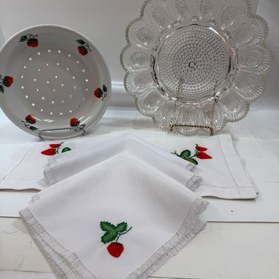 Strawberry themed Lot - runner, 4 napkin Devied liled egg dish, strawberry sieve plate