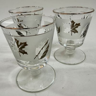 Lot of 3 Glasses MCM Vintage Siver Leaf Frosted Goblets