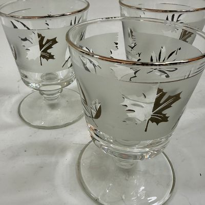 Lot of 3 Glasses MCM Vintage Siver Leaf Frosted Goblets