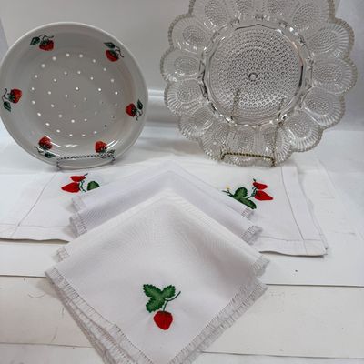 Strawberry themed Lot - runner, 4 napkin Devied liled egg dish, strawberry sieve plate
