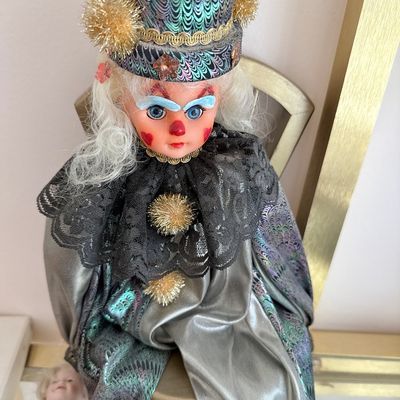 Sale Photo Thumbnail #200: Vintage Porcelain Clown Doll with Iridescent Costume