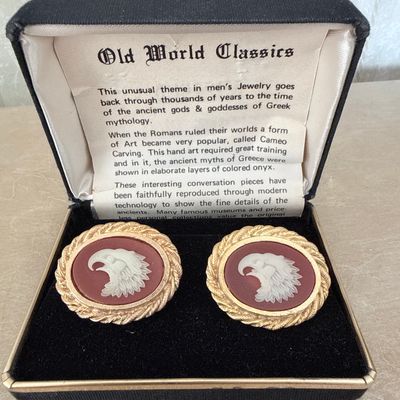 Sale Photo Thumbnail #185: Vintage Stacy Eagle Cameo Cufflinks in Original Box