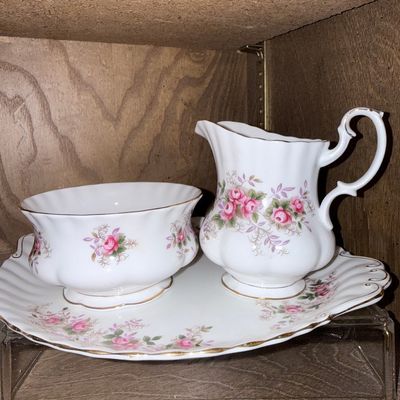 Sale Photo Thumbnail #156: Royal Albert Lavender Rose Cream and Sugar Set on Tray