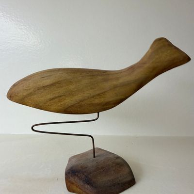 Sale Photo Thumbnail #52: Mid-Century Modern Abstract Wood Bird Sculpture on Wire Stand