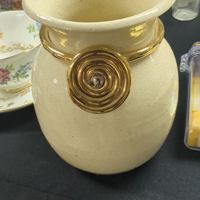 Vintage Cream Ceramic Vase with Gold Spiral Accent - Possibly Scheurich