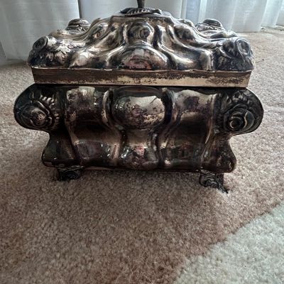Ornate Silver-Plated Casket or Jewelry Box with Floral and Scrollwork Motifs