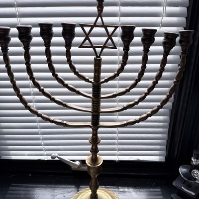 Sale Photo Thumbnail #134: Vintage Brass Hanukkah Menorah with Star of David
