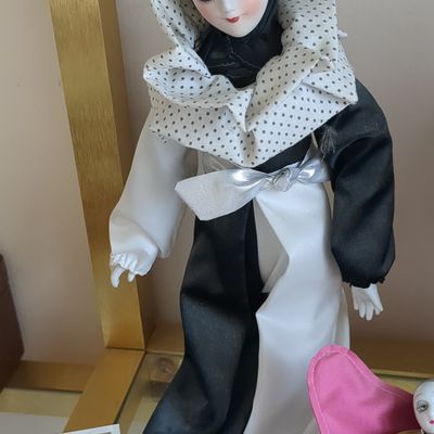 Vintage Pierrot Porcelain Collector Doll with Polka Dot Ruff