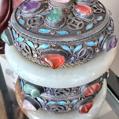 Sale Photo Thumbnail #20: Chinese Export Silver, Jadeite, and Semi-Precious Stone Trinket Box