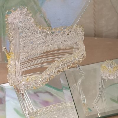 Vintage Spun Glass Miniature Grand Piano and Stool with Mirror Base