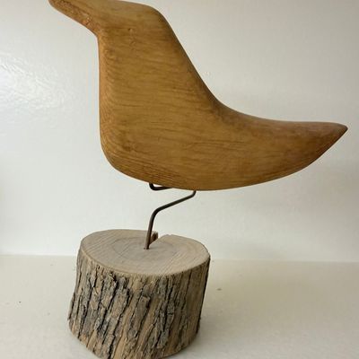 Sale Photo Thumbnail #76: Hand Carved Wood Bird Sculpture on Log Base