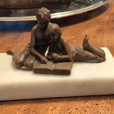 Bronze Figurine of Two Children Reading on Marble Base