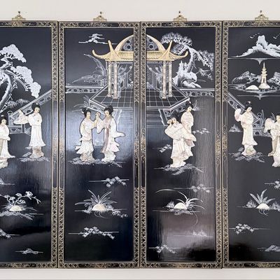 Sale Photo Thumbnail #36: Set of 4 Vintage Black Lacquer Mother-of-Pearl Wall Plaques