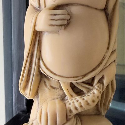 Sale Photo Thumbnail #181: Vintage Carved Resin Hotei Budai Figurine on Wooden Base