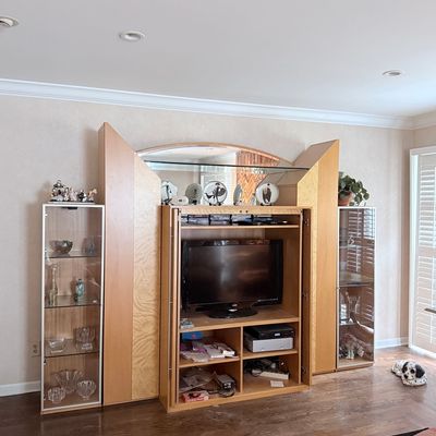 Sale Photo Thumbnail #33: Postmodern Light Wood Entertainment Wall Unit with Curio Cabinets