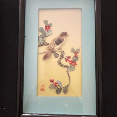 Chinese Hardstone Carving Bird and Blossom Wall Plaque