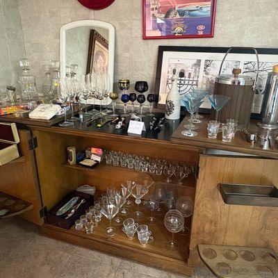 Mid-Century Modern Bar Cabinet with Barware Collection