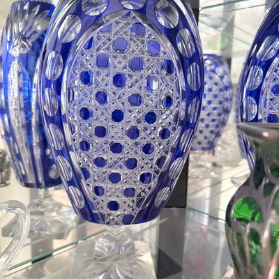 Sale Photo Thumbnail #60: Bohemian Cobalt Blue Cut-to-Clear Crystal Vase with Diamond and Thumbprint Cutting