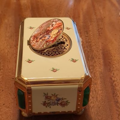 Vintage Enamel Floral Music Box with Powder Compartment