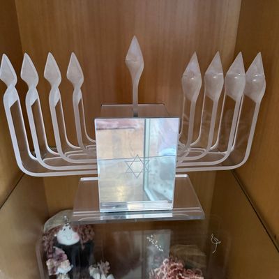 Sale Photo Thumbnail #54: Modernist Lucite Menorah with Mirrored Base and Star of David Engraving