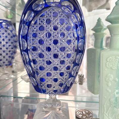 Sale Photo Thumbnail #53: Bohemian Cobalt Blue Cut-to-Clear Crystal Vase with Diamond and Punty Cuts