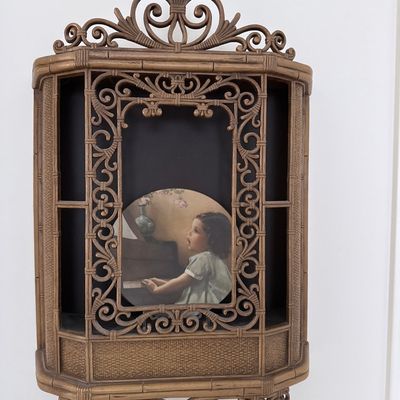 Sale Photo Thumbnail #154: Vintage SYROCO Faux Bamboo Wall Curio Shelf with Decorative Plaque