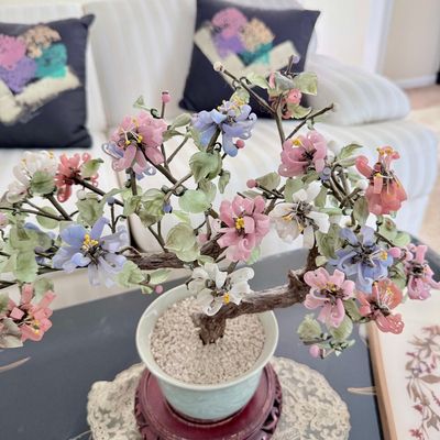 Sale Photo Thumbnail #49: Vintage Glass and Jade Bonsai Tree in Celadon Pot