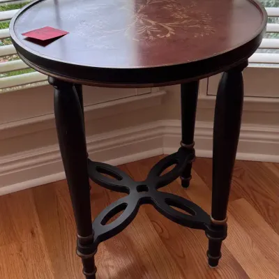 Round Accent Table w marquetry floral wood inlay top 23x23x28