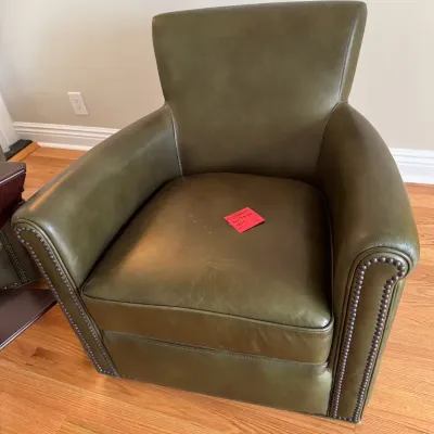  Olive green leather roll arm swivel armchair 33x33x32