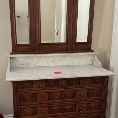 French Neoclassical Oak Marble Top Dresser w Mirror 47.5x22x78