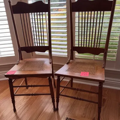 Two Oak Early American Pressed Back Spindle Chairs 
