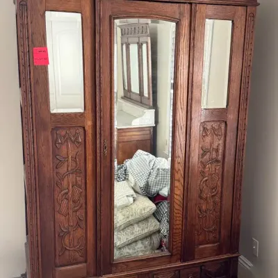 Antique triple-door oak wardrobe armoire 54x24x81